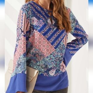 NWT Suzanne Betro Patchwork Long Bell Sleeve Tunic Blouse